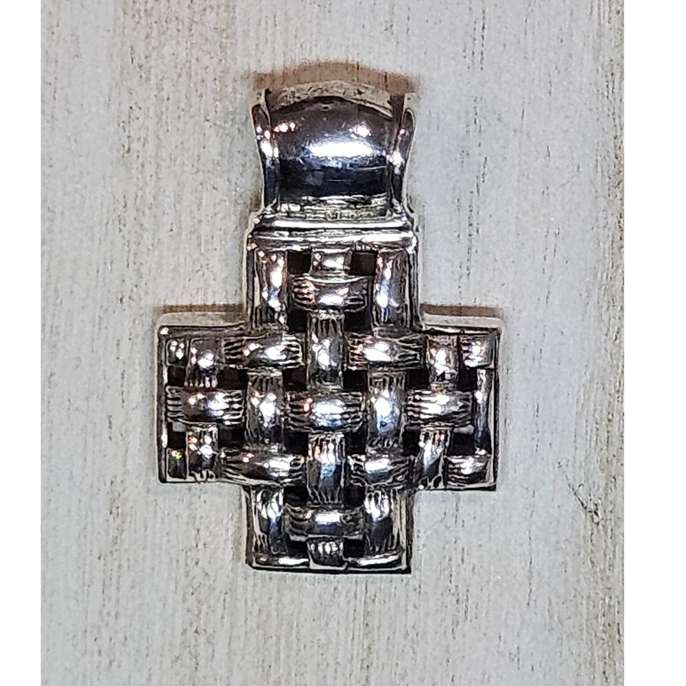 925 Sterling Silver Basket Weave Cross Pendant Chunky Woven Statement Charm - Picture 1 of 3